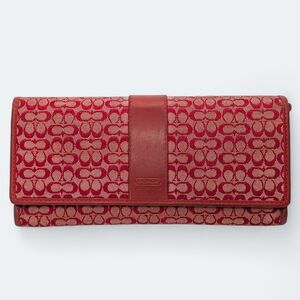 Coach Vintage Signature C Jacquard Canvas & Leather Red White Canvas Long Wallet